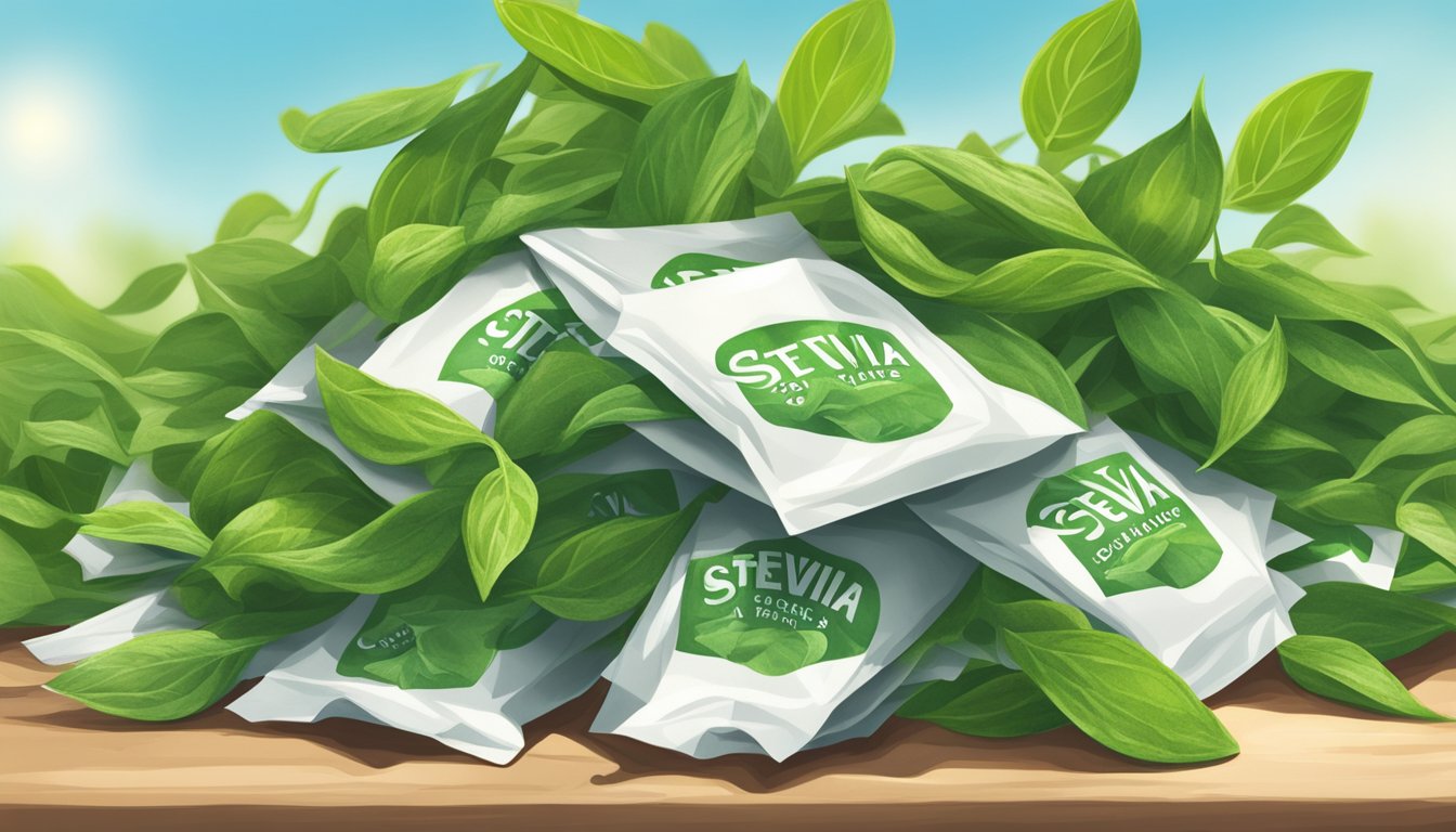 A pile of stevia leaves wilting in the sun, surrounded by discarded artificial sweetener packets