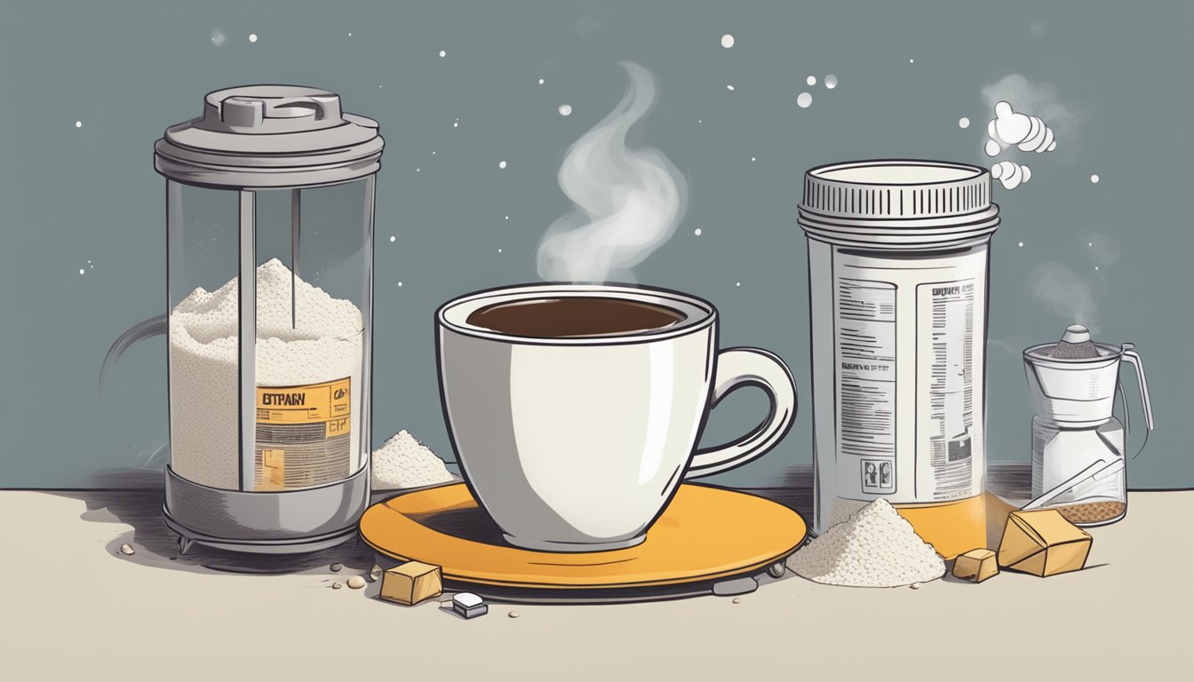 A steaming cup of coffee with a large protein powder container next to it, surrounded by warning signs and symbols