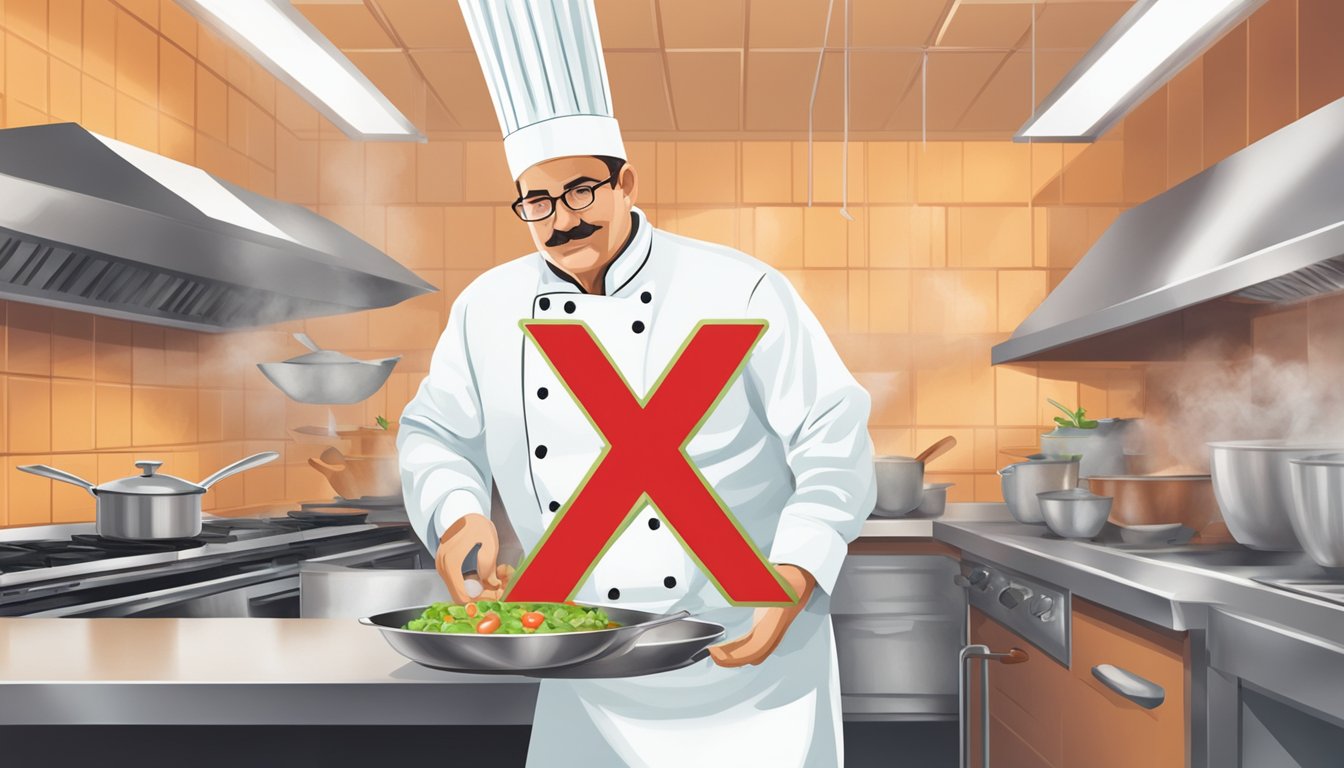 A chef cooking with stevia while a warning sign with a red X symbol is displayed prominently