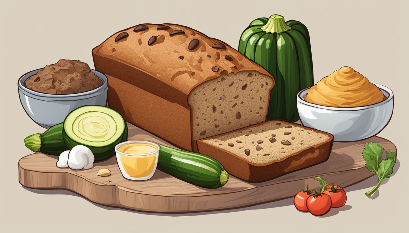 A loaf of zucchini bread surrounded by unhealthy ingredients like sugar, oil, and processed flour. A red "X" over the bread