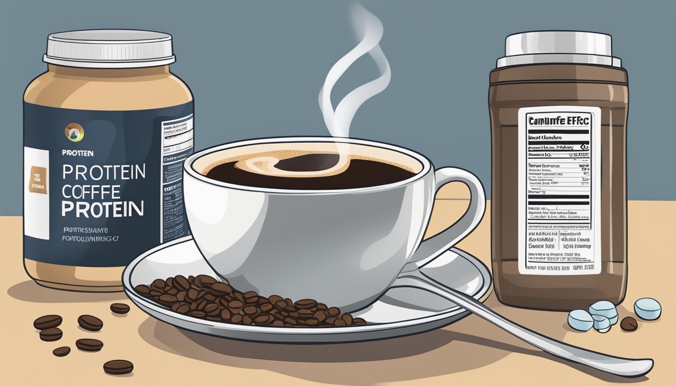 A steaming cup of protein-fortified coffee sits next to a bottle of protein powder, with a warning label about the potential negative health effects of consuming too much caffeine and protein