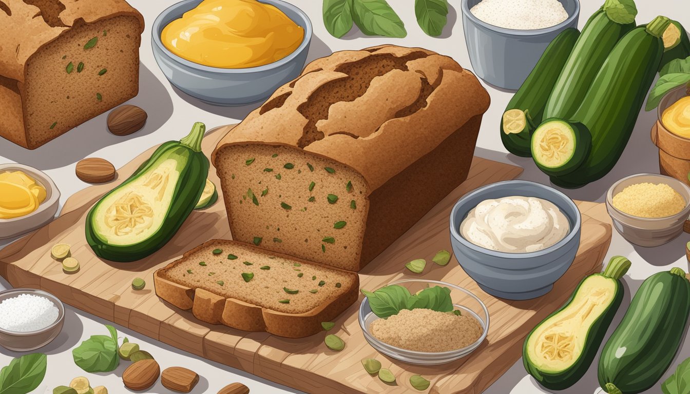 A loaf of zucchini bread surrounded by unhealthy ingredients like sugar, oil, and processed flour