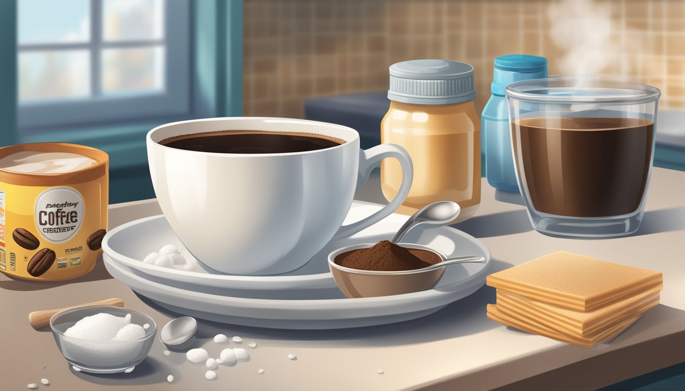 A steaming cup of protein-fortified coffee sits next to a pile of unhealthy additives, such as sugar and artificial creamer, on a kitchen counter