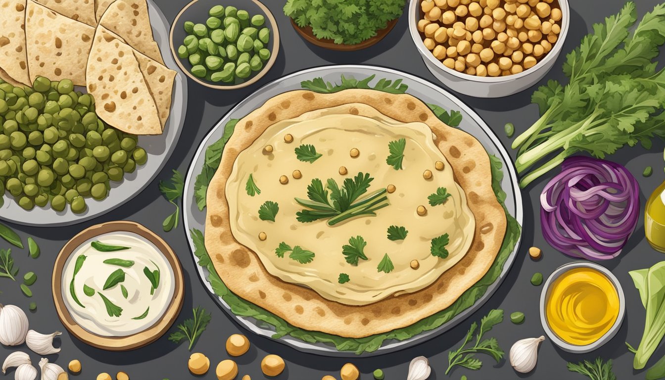 A table spread with fresh chickpeas, tahini, olive oil, and garlic, surrounded by vibrant vegetables and pita bread