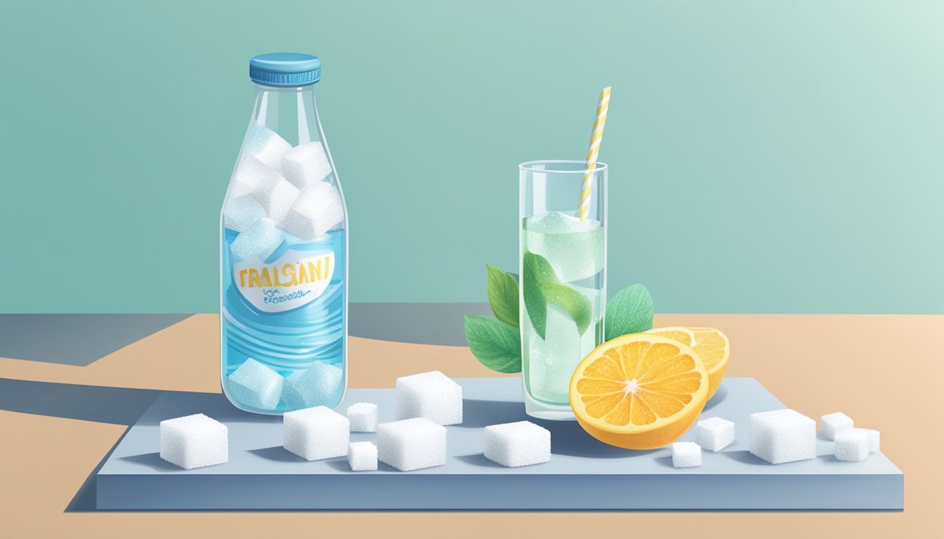 A table with a bottle of flavored sparkling water next to a pile of sugar cubes and a chart showing high sugar content