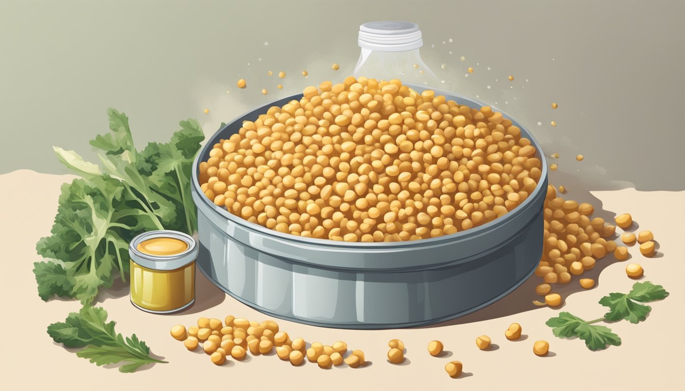 A pile of processed chickpeas, oil, and preservatives spilling out of a cracked plastic container, surrounded by wilting vegetables and a warning label