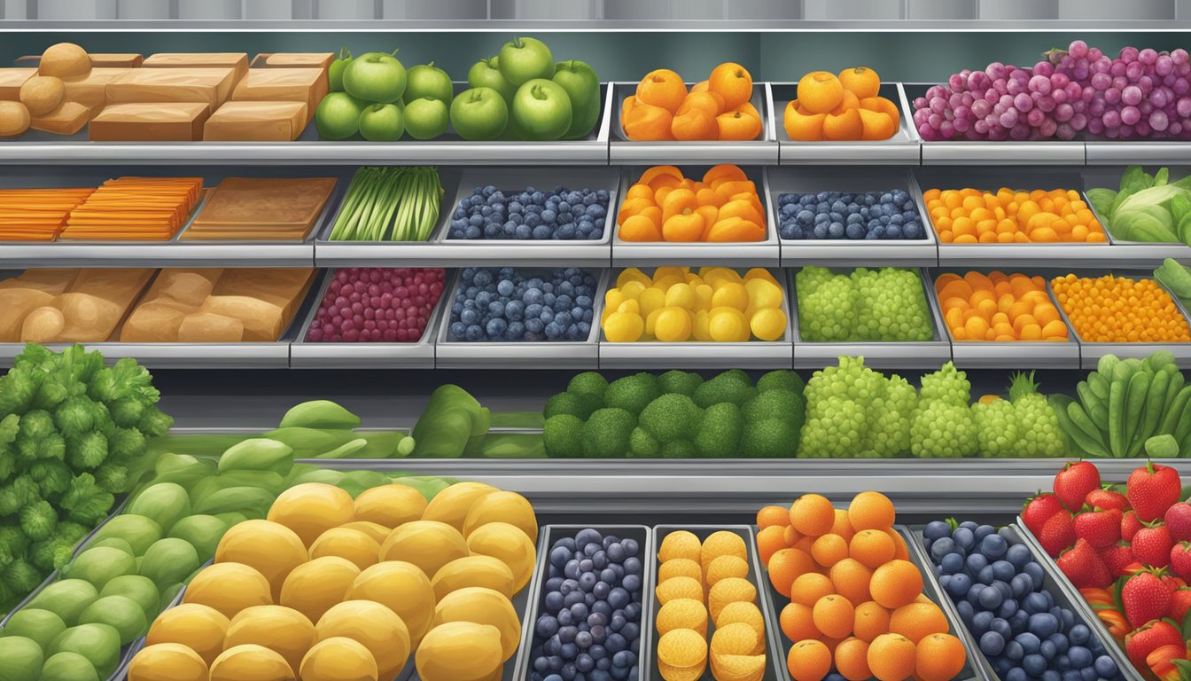 A vibrant display of fresh, colorful fruits and vegetables contrasts with a dull, uniform lineup of processed frozen meals on supermarket shelves