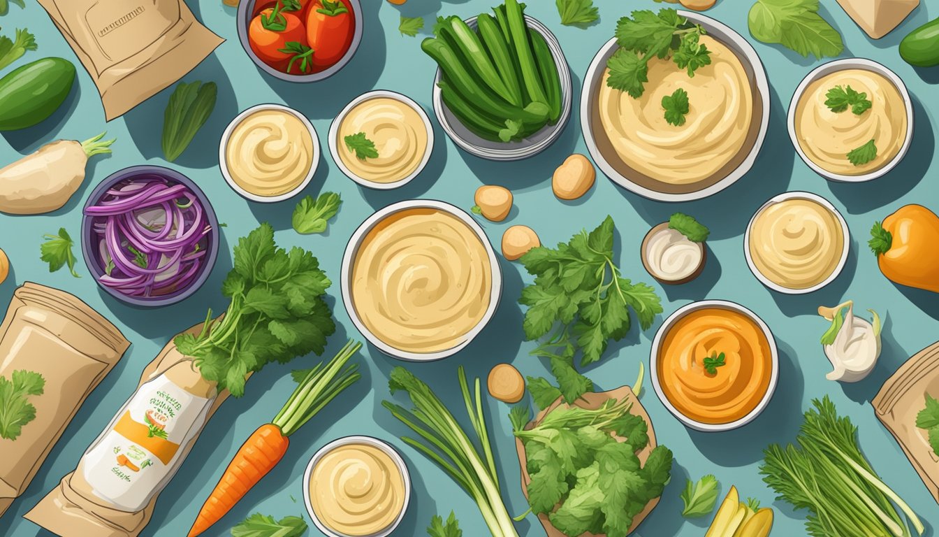 A variety of fresh vegetables and herbs surround a homemade hummus dip, while a pile of discarded packaged hummus containers sits in the background