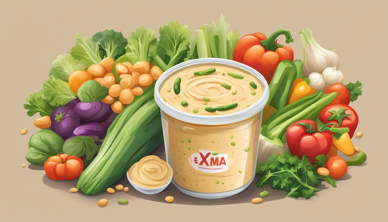 A colorful array of fresh vegetables and legumes surrounds a container of packaged hummus, with a large red "X" over it