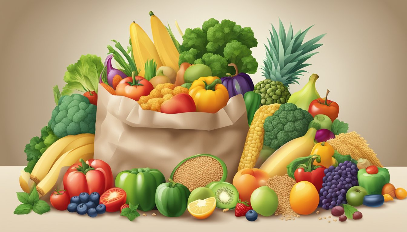 A colorful array of fresh fruits and vegetables spilling out of a grocery bag, with a variety of whole grains and lean proteins on a kitchen counter