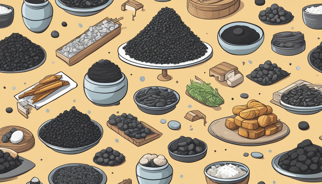 A pile of activated charcoal-infused foods surrounded by warning signs and crossed-out symbols