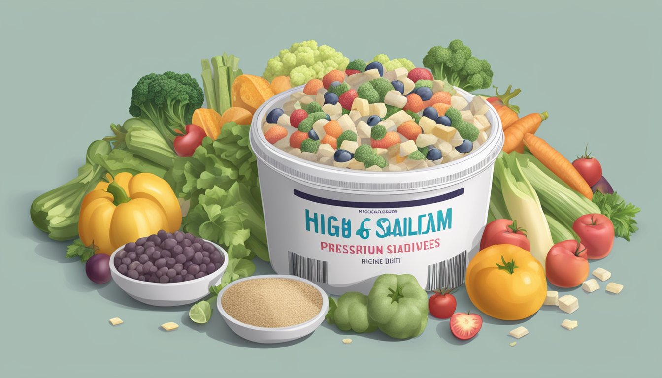 A pile of frozen diet meals surrounded by wilted vegetables and fruits, with a label showing high sodium and preservatives