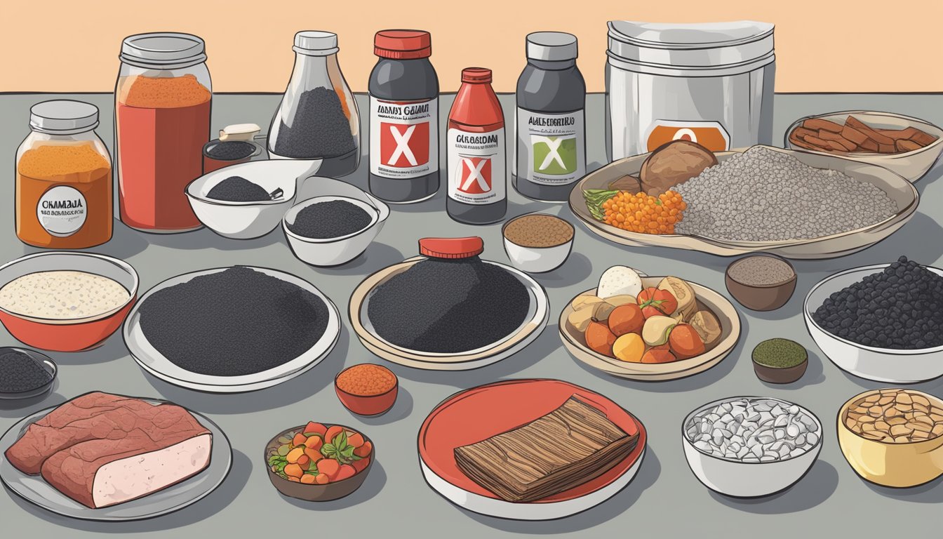 A table full of food items labeled as "activated charcoal" products, with a large red "X" over them to indicate their unhealthy nature