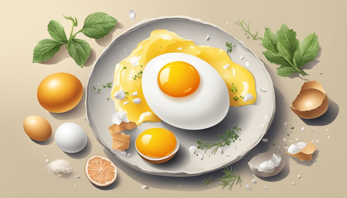 A cracked egg with the yolk and white separated, surrounded by various unhealthy processed ingredients