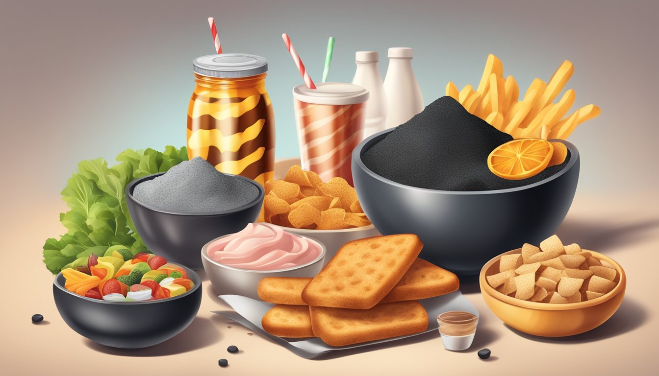 A bowl of activated charcoal powder next to a variety of unhealthy foods, such as fast food, sugary snacks, and processed meats