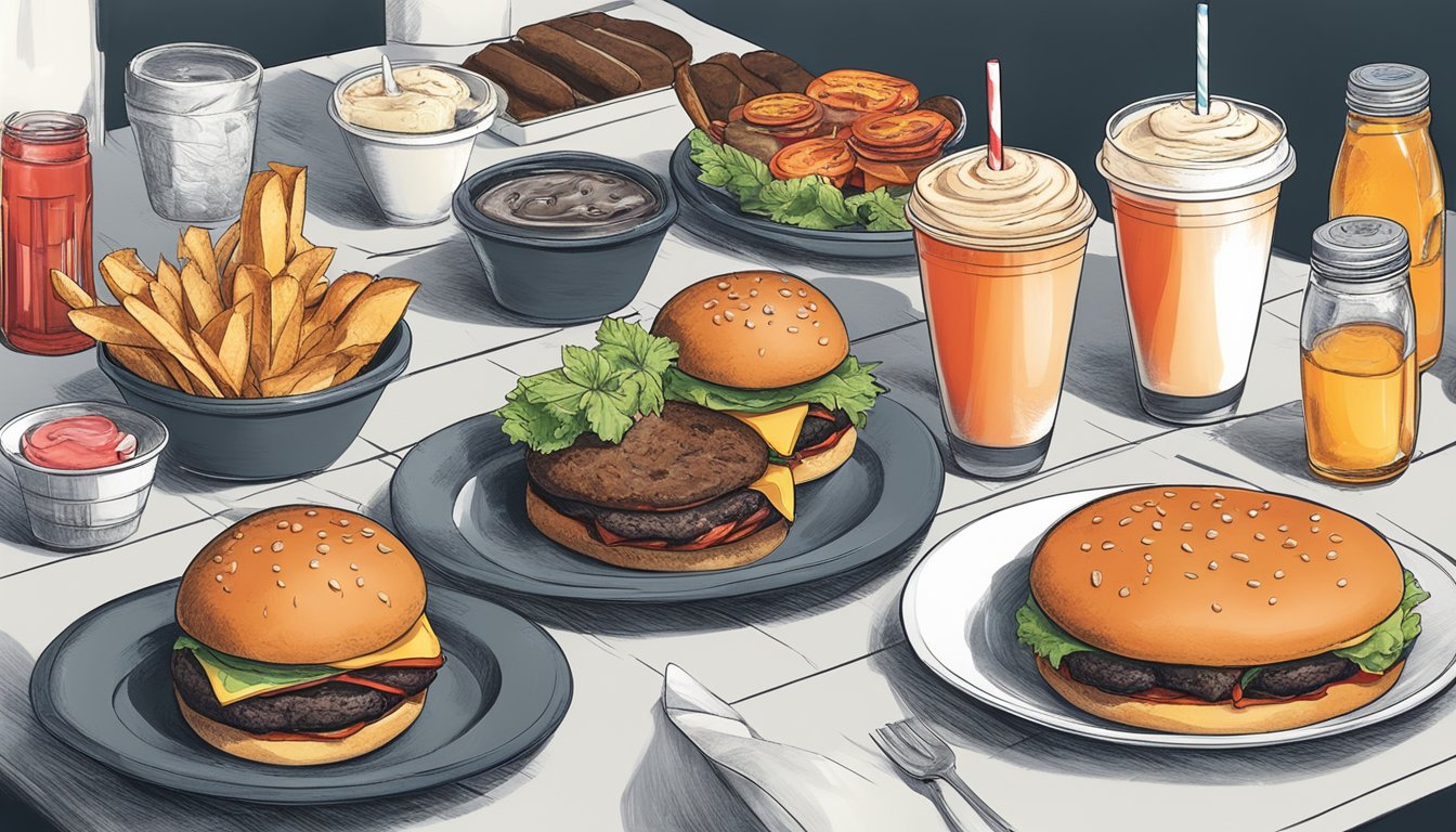 A table with various food items, including burgers, ice cream, and drinks, all made with activated charcoal. A red warning sign is placed next to the items