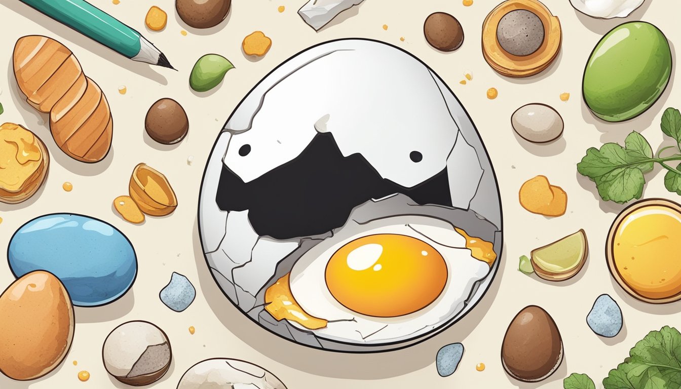 A cracked egg with a sad face, surrounded by unhealthy additives and ingredients