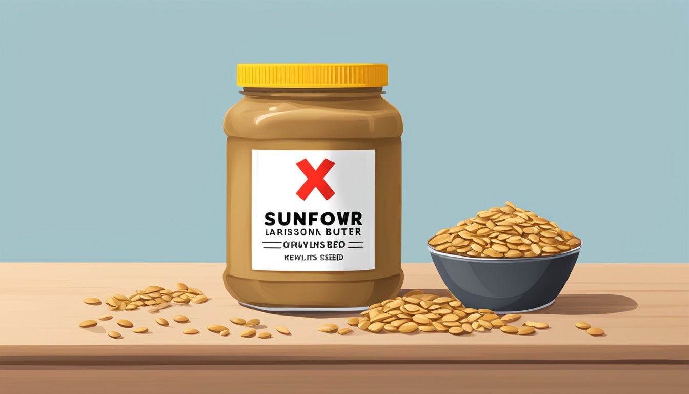 A jar of sunflower seed butter next to a pile of sunflower seeds, with a red "X" over the jar