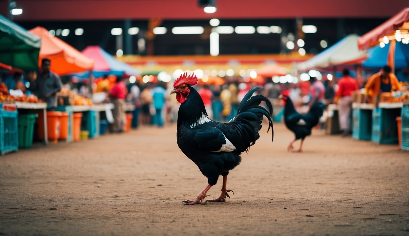 Sebuah arena sabung ayam resmi yang ramai dengan kios pasar internasional yang berwarna-warni