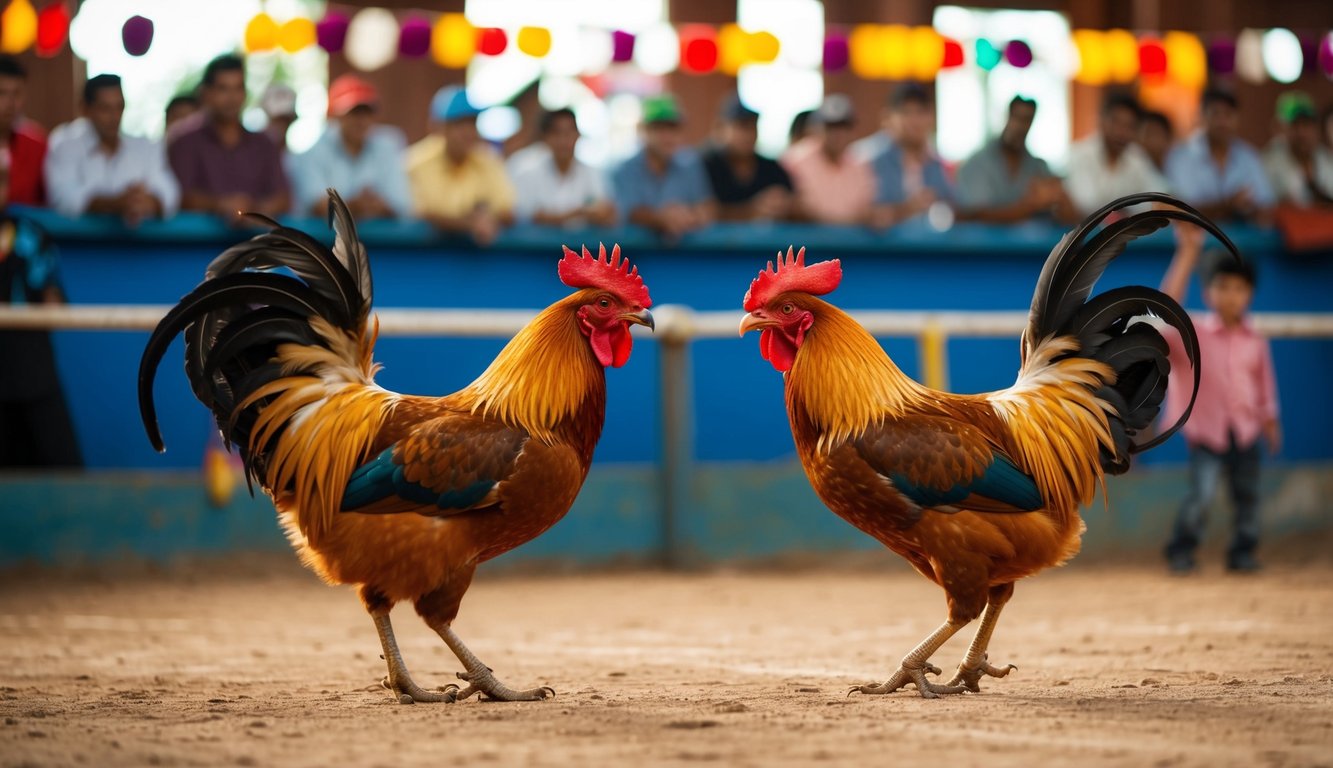 Dua ayam jantan berhadapan di arena sabung ayam tradisional dengan kerumunan penonton yang memasang taruhan fleksibel pada hasilnya