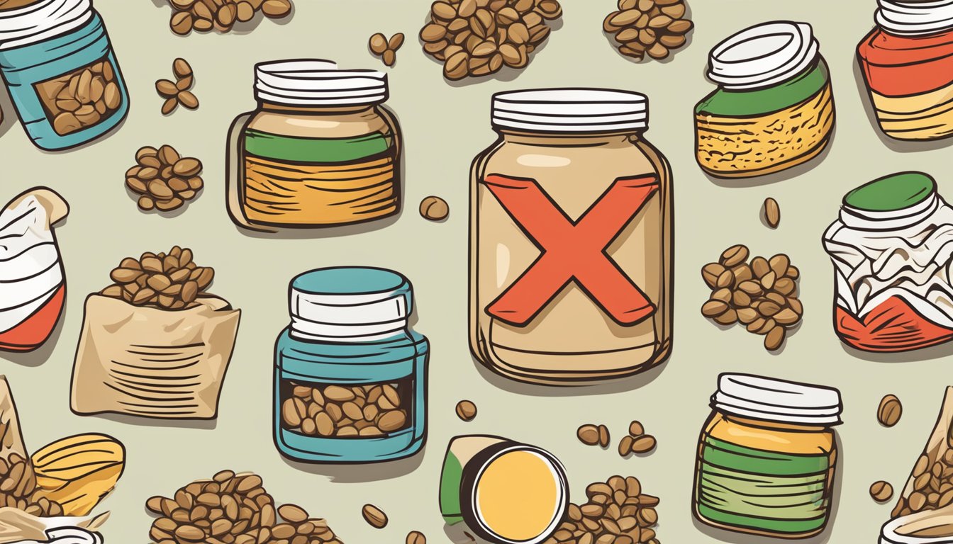 A jar of sunflower seed butter surrounded by various allergen symbols and a red "X" over it