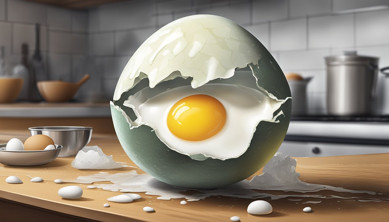 A cracked egg with a slimy, translucent white oozing out onto a dirty, cluttered kitchen counter