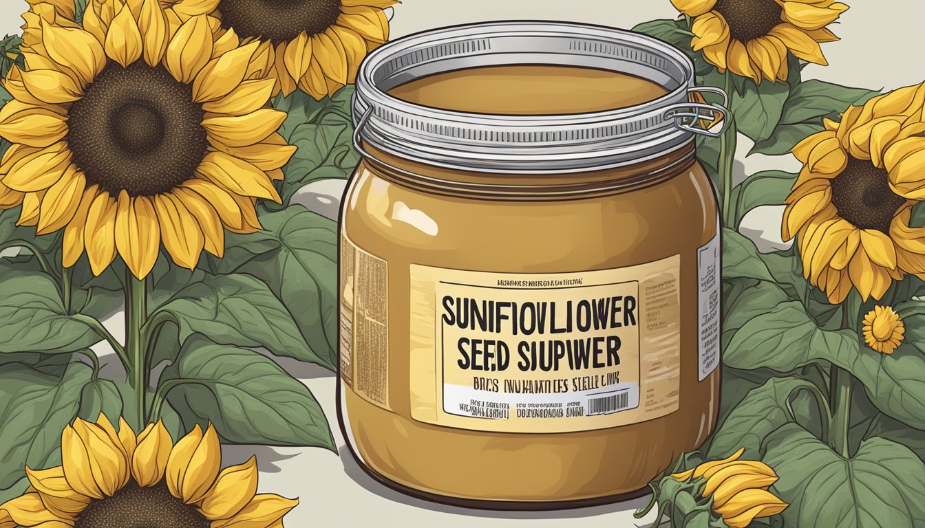 A jar of sunflower seed butter surrounded by wilted sunflowers and a warning label