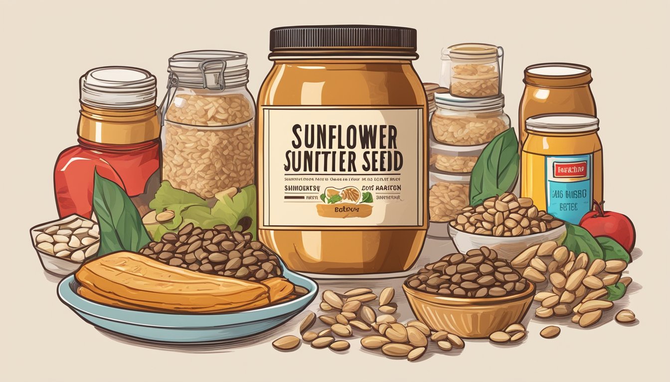 A jar of sunflower seed butter surrounded by various food products with a red X over it, indicating its unhealthy nature