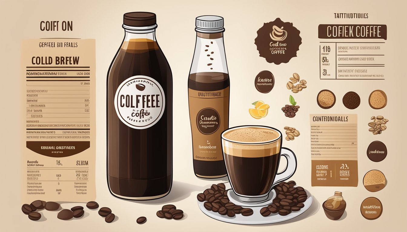 A bottle of cold brew coffee next to a traditional coffee cup, surrounded by various nutritional labels and ingredients