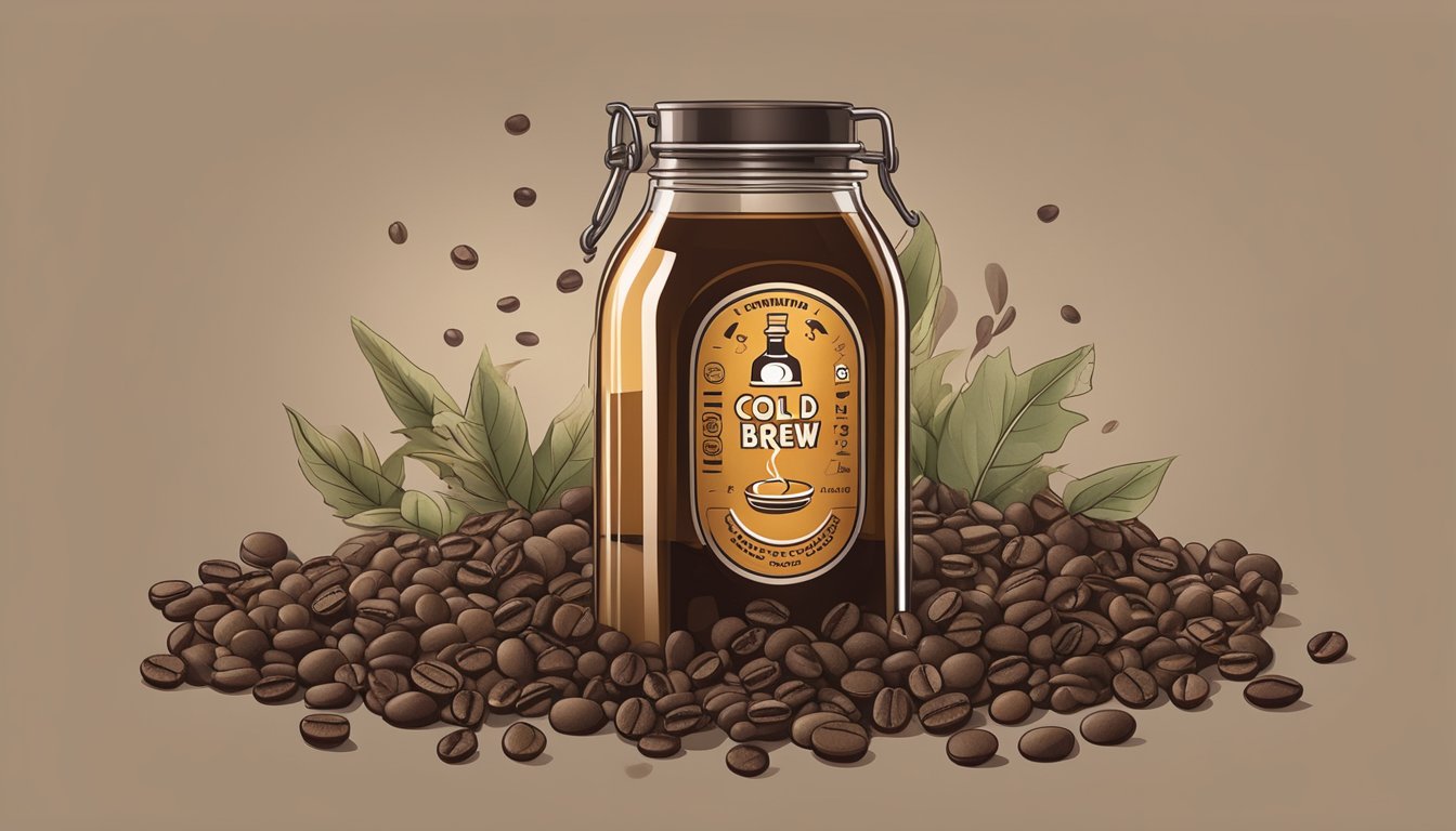 A glass bottle of cold brew coffee surrounded by wilted and browned coffee beans, with a warning symbol above it