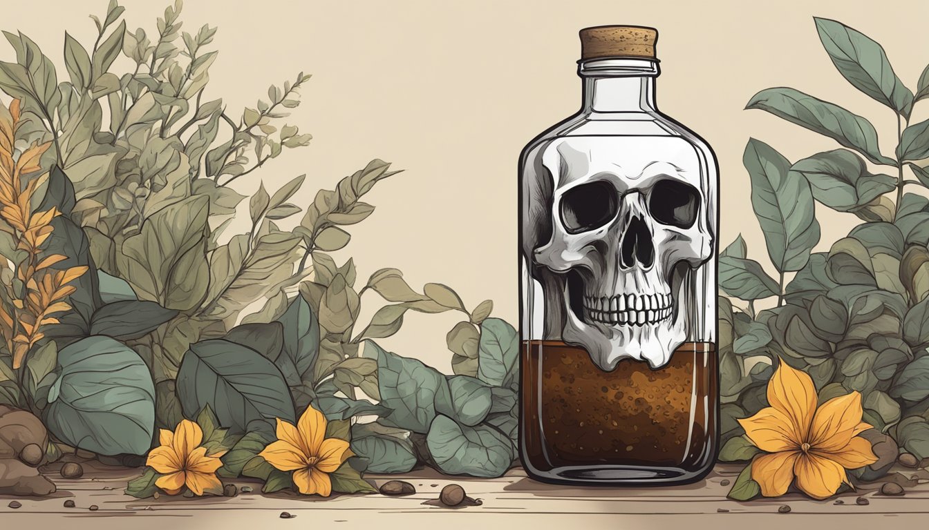 A glass bottle of cold brew coffee surrounded by wilted and browned plants, with a skull and crossbones warning symbol in the background