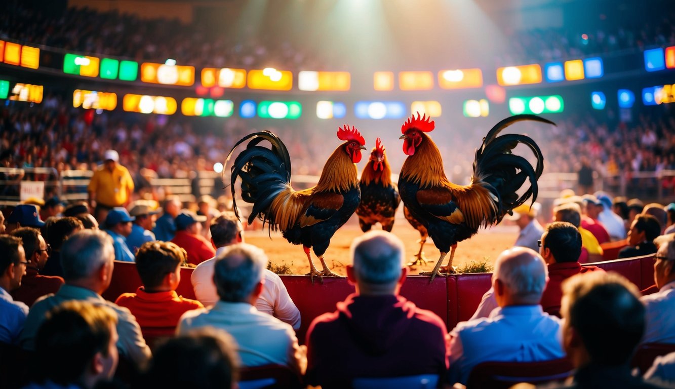 Sebuah arena yang ramai dengan ayam jantan bertarung, dikelilingi oleh penonton dan diterangi oleh lampu-lampu berwarna-warni