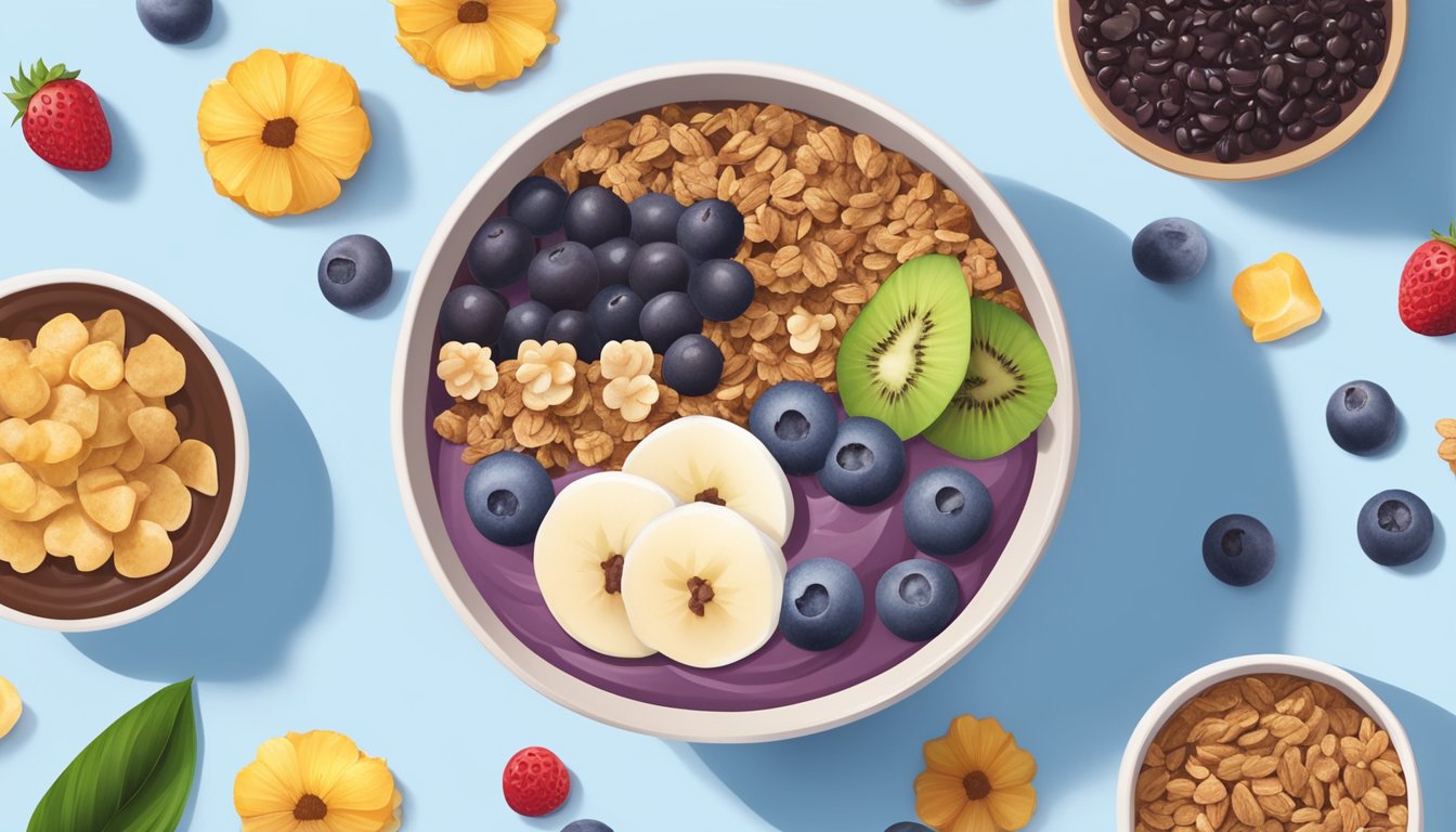 Acai bowl surrounded by unhealthy toppings like sugary granola, chocolate chips, and sweetened coconut flakes