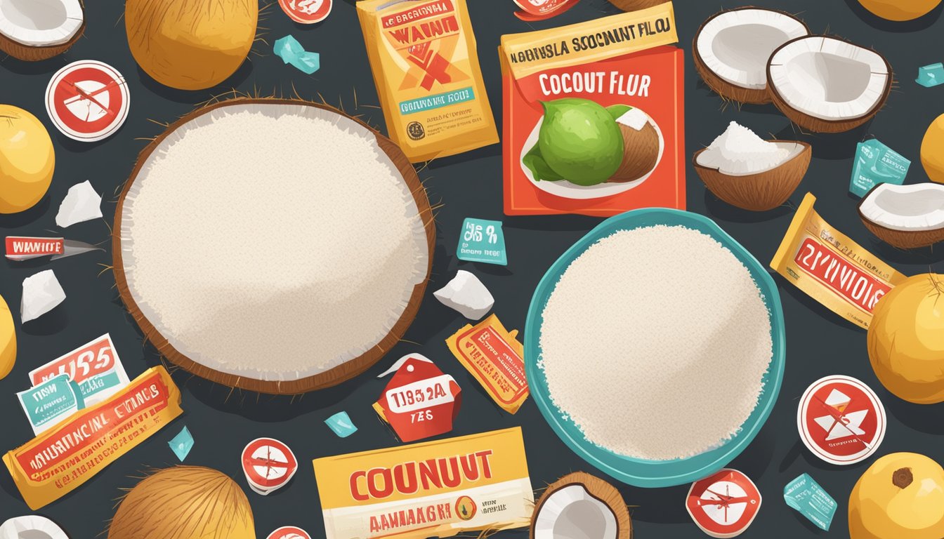 A pile of coconut flour products surrounded by warning signs and red X's