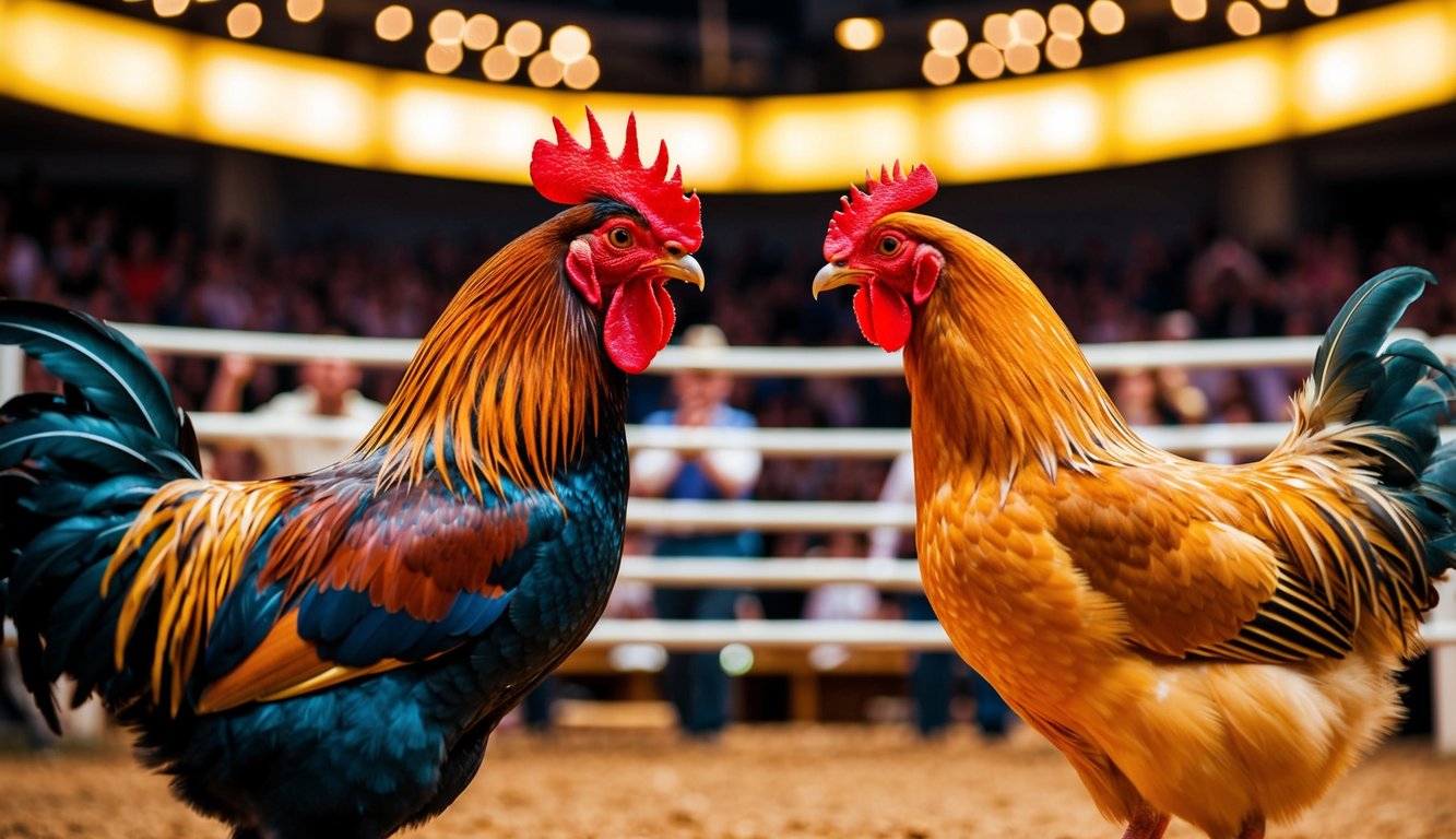 Seekor ayam jantan dan seekor ayam betina berhadapan di arena yang terang benderang, dikelilingi oleh penonton yang bersorak