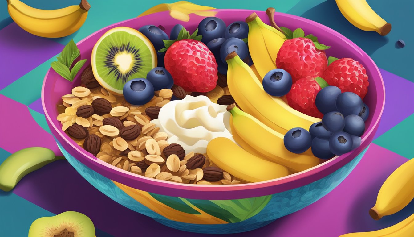 A vibrant assortment of fresh açaí berries, bananas, granola, and assorted fruits arranged in a colorful bowl, with a spoon resting on the side