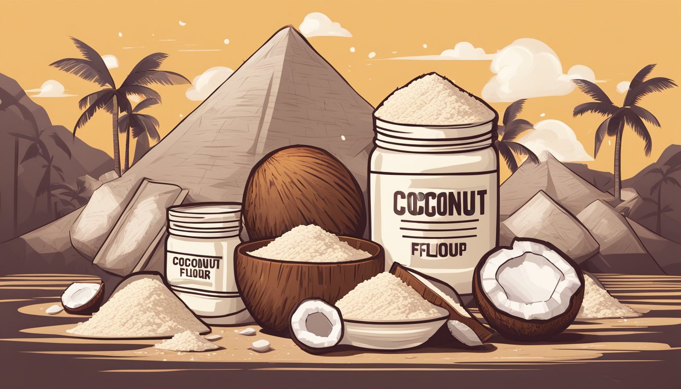 A pile of coconut flour products surrounded by warning signs and red X marks