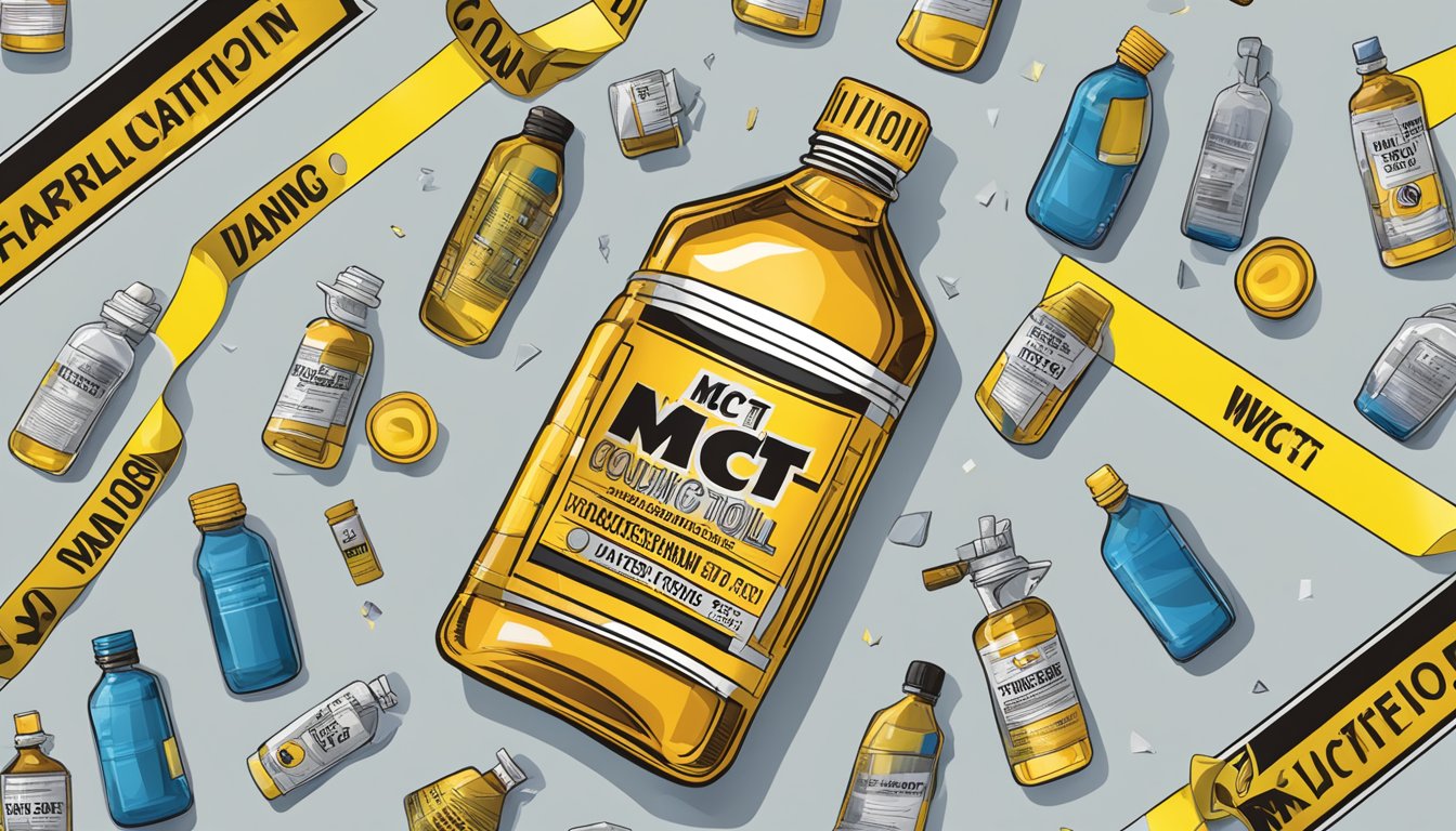 A bottle of MCT oil surrounded by warning signs and caution tape