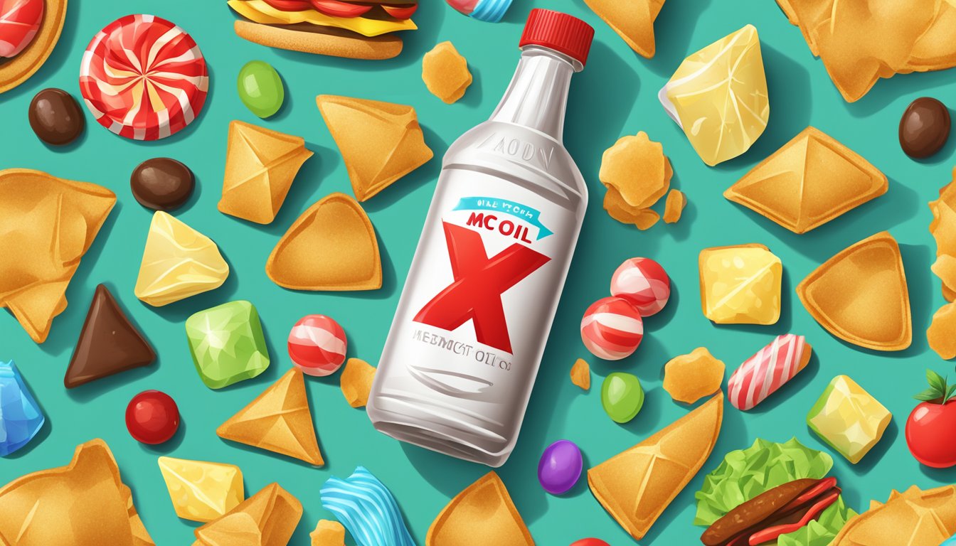 A bottle of MCT oil surrounded by unhealthy food items like chips and candy, with a red X over it