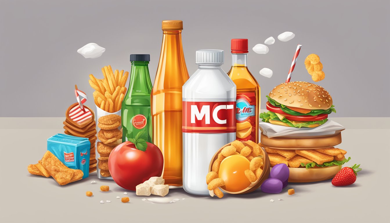 A bottle of MCT oil surrounded by unhealthy food items like fried snacks and sugary drinks, with a red "X" over it