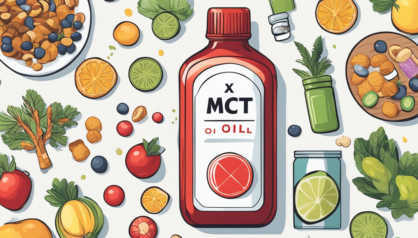 A bottle of MCT oil surrounded by various foods and supplements, with a red "X" over the bottle to indicate it is not healthy