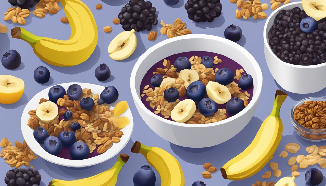 A vibrant assortment of açaí berries, bananas, and granola spills out of a broken packaged açaí bowl, highlighting the contrast between fresh, whole ingredients and processed, unhealthy packaging