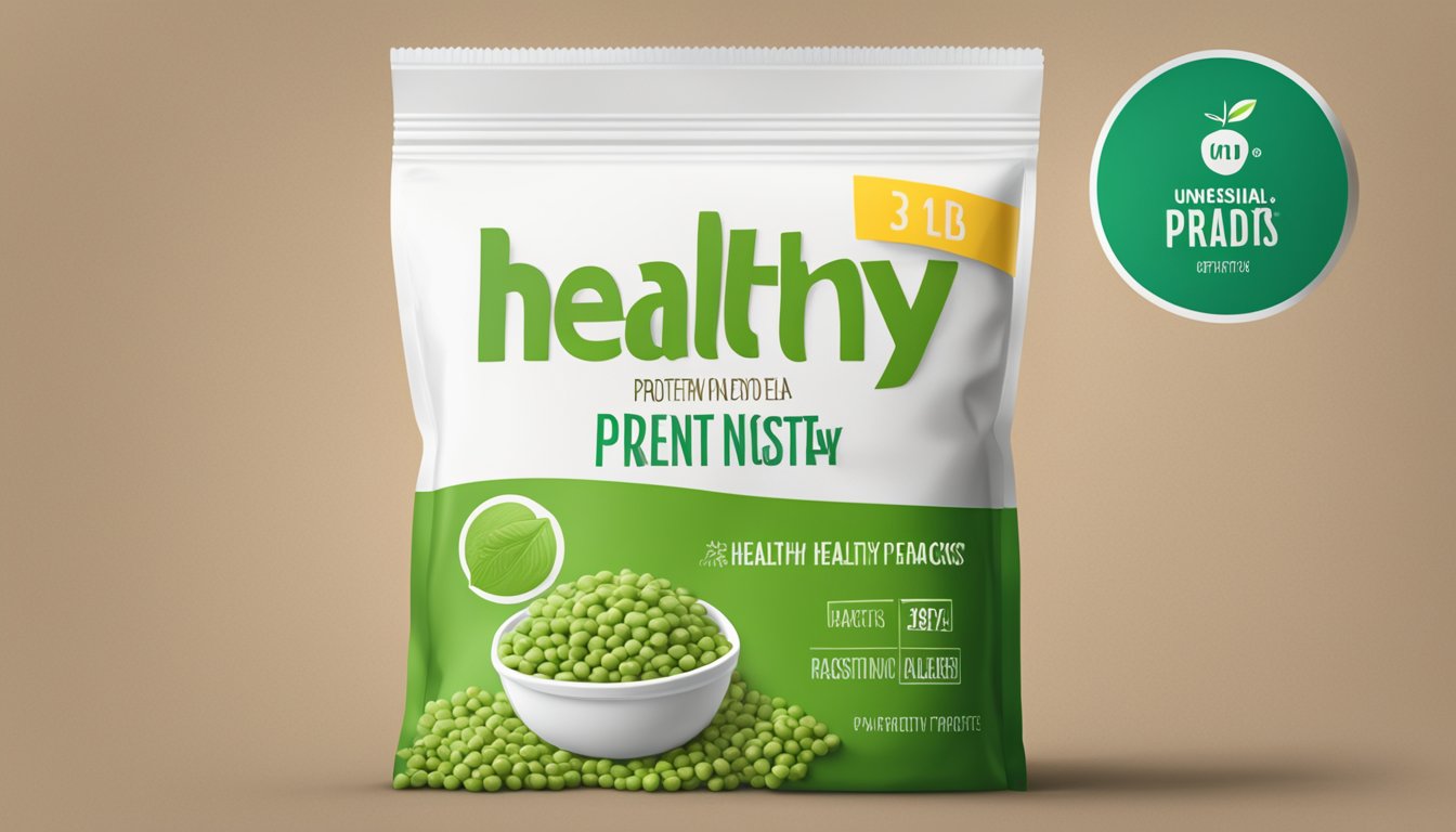 A pile of unhealthy pea protein snacks next to a crossed-out "healthy" label