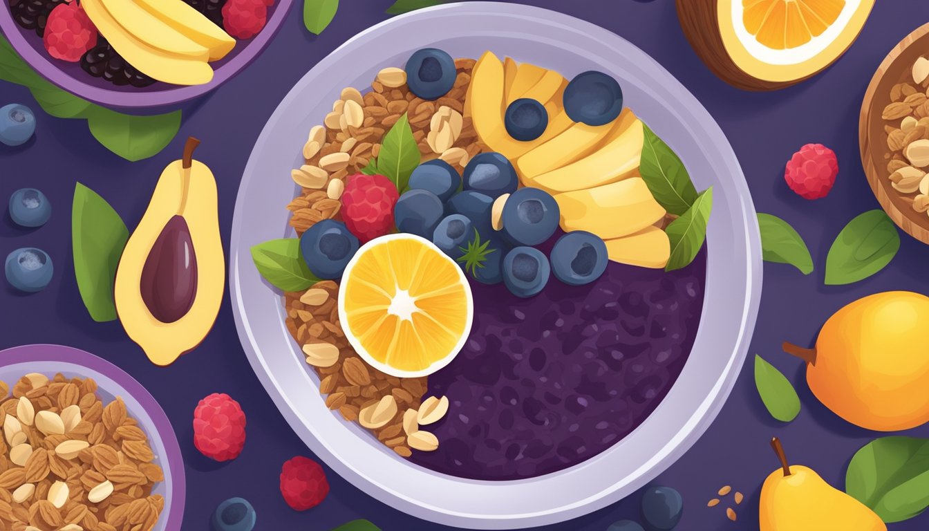 A colorful, vibrant açaí bowl surrounded by fresh fruits and granola, with a stark contrast to a pile of processed, packaged açaí bowls labeled with artificial ingredients