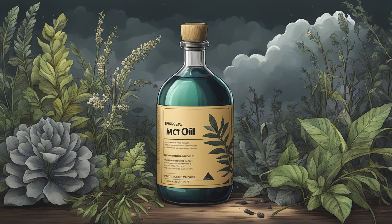 A bottle of MCT oil surrounded by wilted and unhealthy-looking plants, with a dark and ominous cloud hovering above