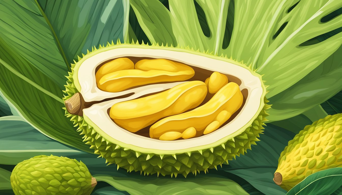 A ripe jackfruit split open, revealing its yellow flesh and large seeds, surrounded by green spiky skin and a sweet tropical aroma