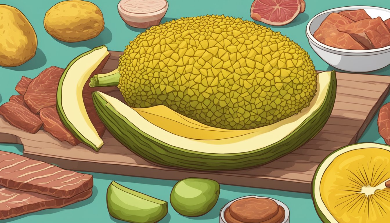 A ripe jackfruit surrounded by unhealthy processed meat substitutes