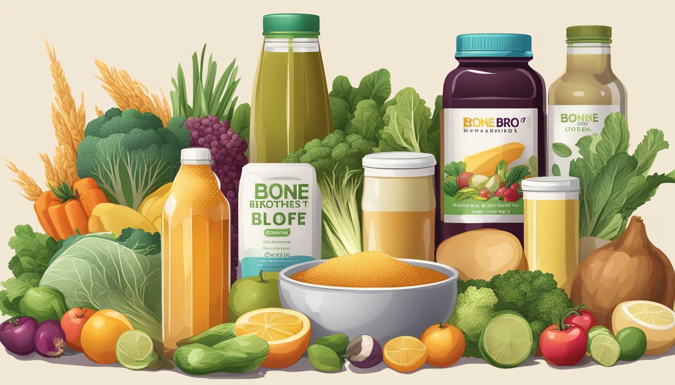 A pile of various foods and drinks, such as bone broth, fruits, and vegetables, surrounded by bottles of collagen supplements