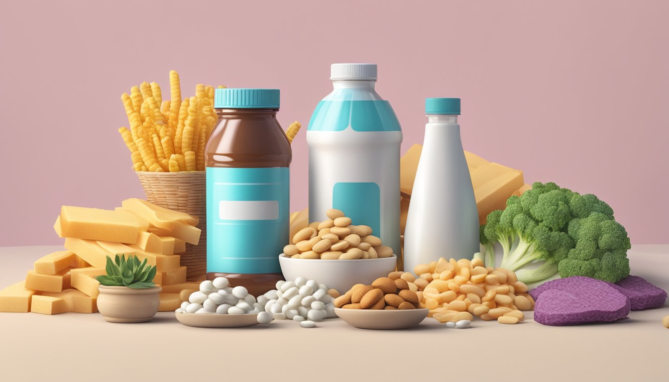 A bottle of collagen supplements sits next to a pile of unhealthy processed foods, while a wilted plant symbolizes the lack of natural nutrients