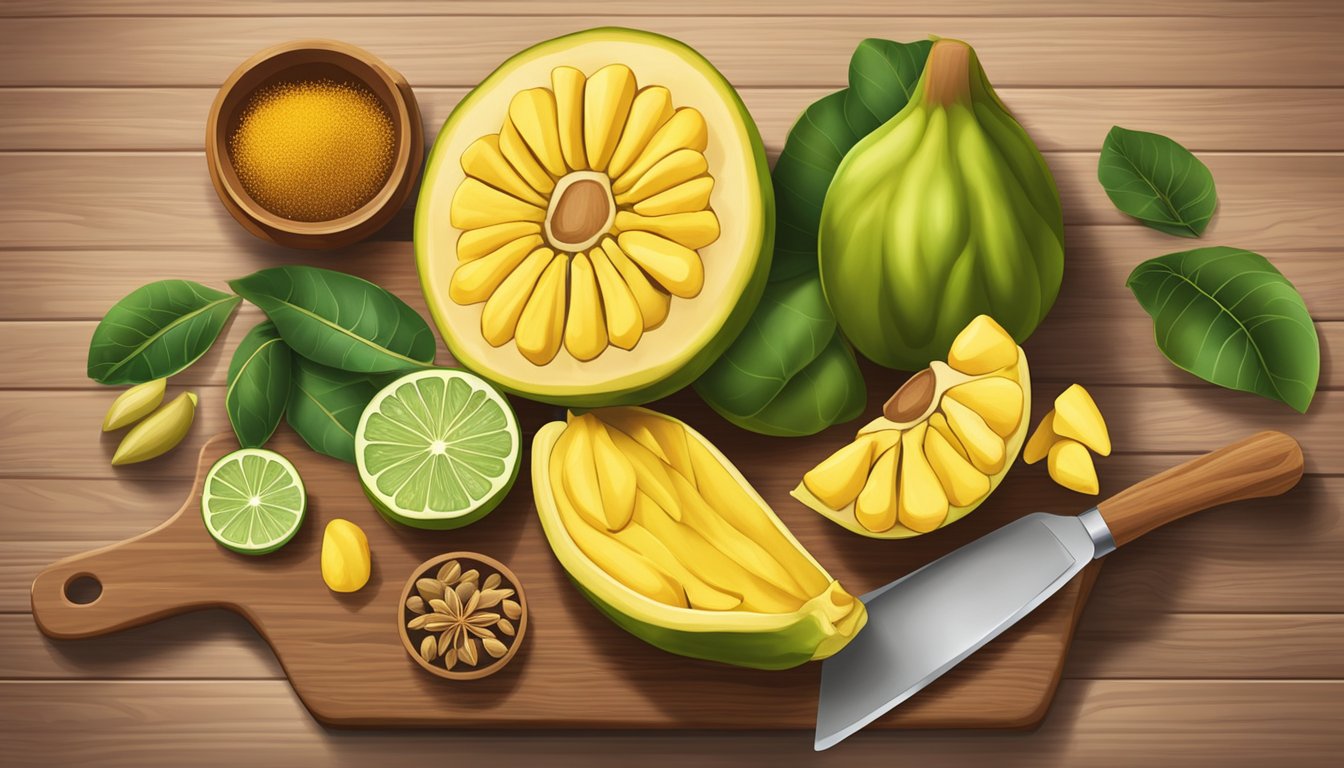 A colorful array of fresh jackfruit, sliced and arranged on a wooden cutting board, surrounded by various kitchen utensils and spices